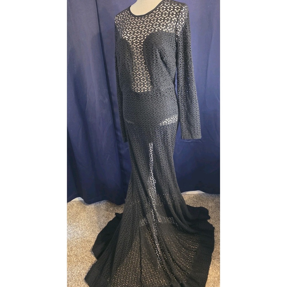 CobyCo Black Lace Mermaid Gown Long Sleeve Sheer Open Back Maxi Dress